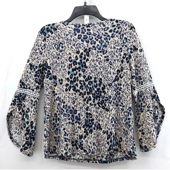 AMANA Blouse Womens Size M Blue Animal Print Lace Arm Band Pullover Top - Picture 2 of 7